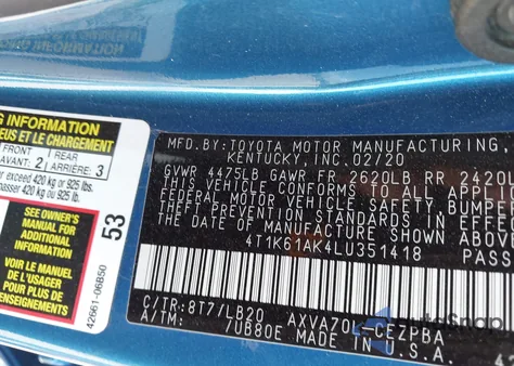 2020 Toyota Camry Xse из США, поврежденный, VIN 4T1K61AK4LU351418